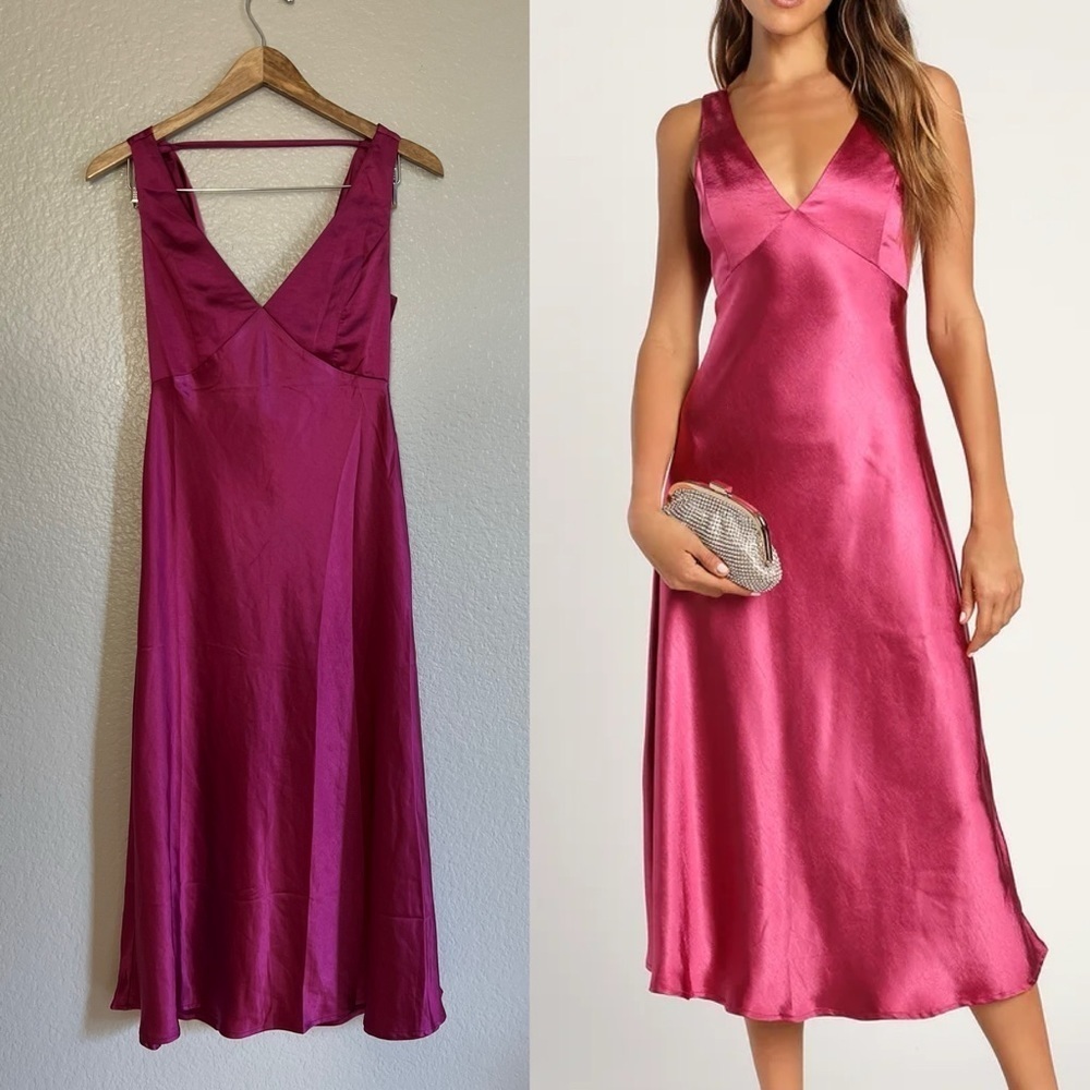 NWOT Lulus Incredible Love Magenta Satin Cowl Back Midi Slip Dress